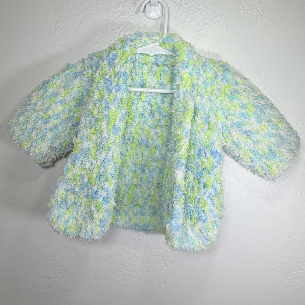 12 Month Baby‎ Handmade Crochet Loopy Blue/Green Cardigan - Picture 2 of 6